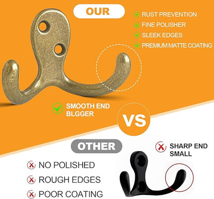 10 Pack Coat Hooks Wall Hooks for Hanging, Heavy Duty Double Prong Metal Hook Wall Mounted for Living Room, Bathroom, Kitchen, Bedroom for Coat, Bag, Scarf, Towel, Hat, Key, Cup (Bronze)