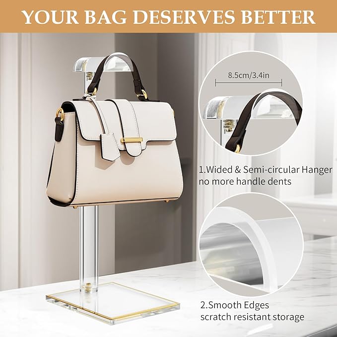 Acrylic Purse Display Stands, 14"-24" Adjustable Height Handbag Holder, Clear Purse Rack Stands for Closet Retail, Durable Gold Trim Hanging Bag Wallet Jewelry Necklace Organizer Stand(PATENT PENDING)