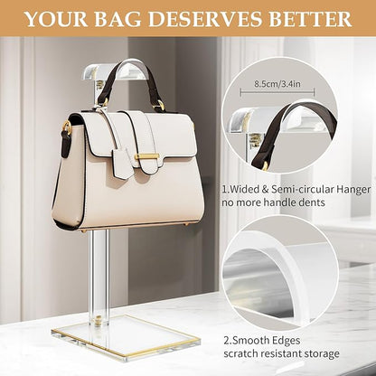 Acrylic Purse Display Stands, 14"-24" Adjustable Height Handbag Holder, Clear Purse Rack Stands for Closet Retail, Durable Gold Trim Hanging Bag Wallet Jewelry Necklace Organizer Stand(PATENT PENDING)