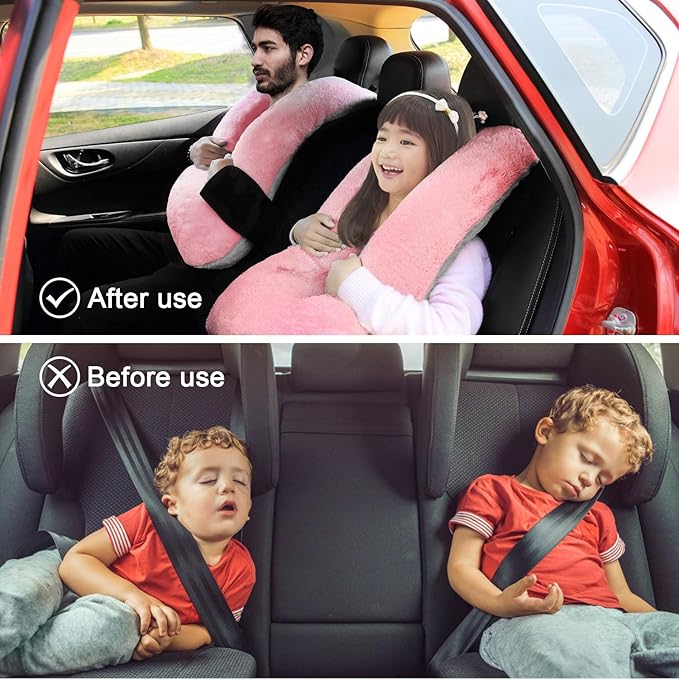 Travel Pillow, Travel Pillow for Kids, Sleeper Hold Pillow Travel, Removable U-Shaped Pillow for Adults and Children to Support Head and Body in The Back Seat of Long Car Trips (Pink and Gray)
