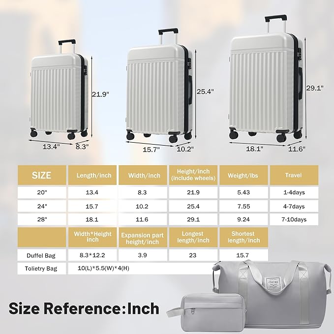 Merax Luggage Sets, Durable Hardshell 3 Piece Suitcase with Double Spinner Wheels and Handle Bags,Lightweight Carry on Luggage with TSA Lock,20+24+28 inches,White Grey