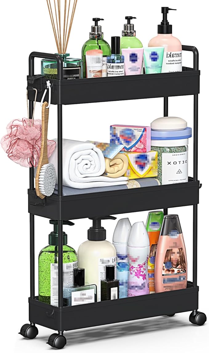 SOLEJAZZ Slim Rolling Storage Cart with Wheels 3 Tier Skinny Bathroom Storage Organizer Thin Laundry Room Utility Cart Space-Saving for Bedside Kitchen Office Small Narrow Places, Black