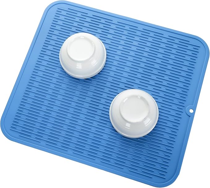 Silicone Dish Drying Mat for Multiple Usage,Easy clean,Eco-friendly,Heat-resistant Silicone Mat for Kitchen Counter or Sink,Refrigerator or Drawer Liner Lichen BlueL 2XL 24 inches x 18 inches