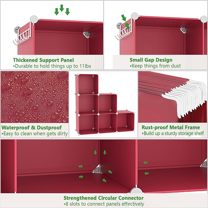 C&AHOME 6-Cube Storage Organizer, Stackable Storage Cubes Shelves, Portable Bookshelf, Plastic Clothing Storage Closet Organizer, DIY Modular Shelving Units for Wardrobe, Home, Red