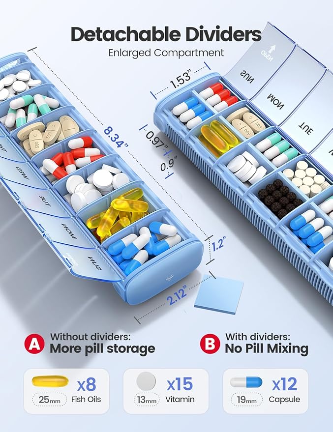 Vaydeer 7 Day Weekly Pill Organizer (Support 2 Times a Day), Metal Travel Pill Case, Large Capacity Daily Cute Pill Box for Supplements, Pills, Vitamins and Medication (Sliver)
