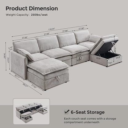 116.54" Sectional Couches for Living Room, Cloud Couch Sectional with Large Storage, U-Shape Modular Sectional Sofa with Ottoman,6 Chenille Seater with Pillow for Apartment, Bedroom, Light Grey