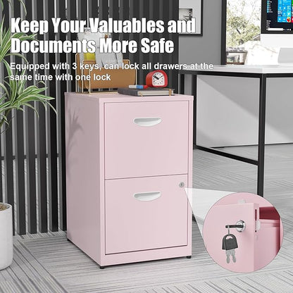 2 Drawer File Cabinet with Lock, Metal Vertical File Cabinets, 18"D Pink Storage Filing Cabinet for Home Office, Steel Light Duty Locked 2 drawer File Cabinets for Letter Size Files,Assembly Required
