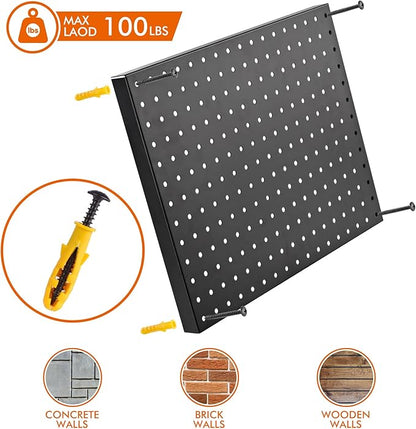 G.CORE Heavy Duty Metal Pegboard Organizer - Wall Storage Steel Peg Board Panels Set 1/4 inch Round Holes 17"x13" 2 Pack Garage Craft Tool Display Hanging Rack Organization Kit with Mounting Hardware