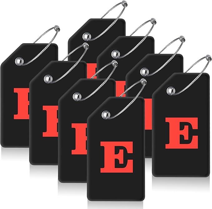 8 Pcs Luggage Tags for Suitcases, 26 Initial Letter Travel Luggage Baggage Identification Labels ID Tags Fully Bendable Tags with Stainless Steel Loop (Letter E, Black)