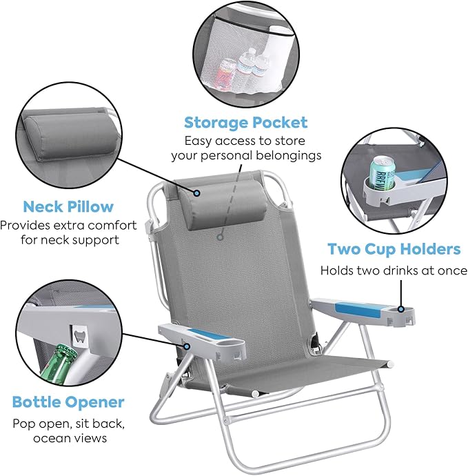ICECO Backpacking Beach Chairs for Adults, 5 Positions Reclining Chair, Heavy Duty Folding Chairs, Portable Lay Flat Outdoor Chair with Cup Holder for Beach, Camping, Lawn, 350lb Capacity