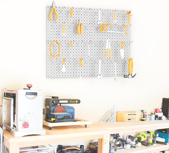 TORACK Metal Pegboard Panels and Hooks for Garage, Workbench, Shop, Shed Tool Organizer Peg Board with 1/8" & 1/4" Holes, Modular Wall-Mounted Pegboard with Pegboard Hooks(Light-Grey)
