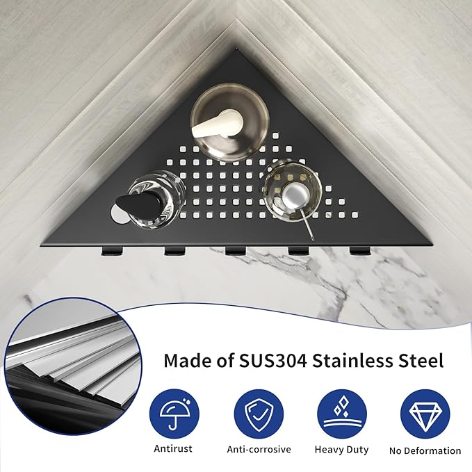 Grout in Shower Shelves with Hooks, 304 Stainless Steel Corner Bathroom Shelf for Tiled Wall (Matte Black, 10'' x 10'')
