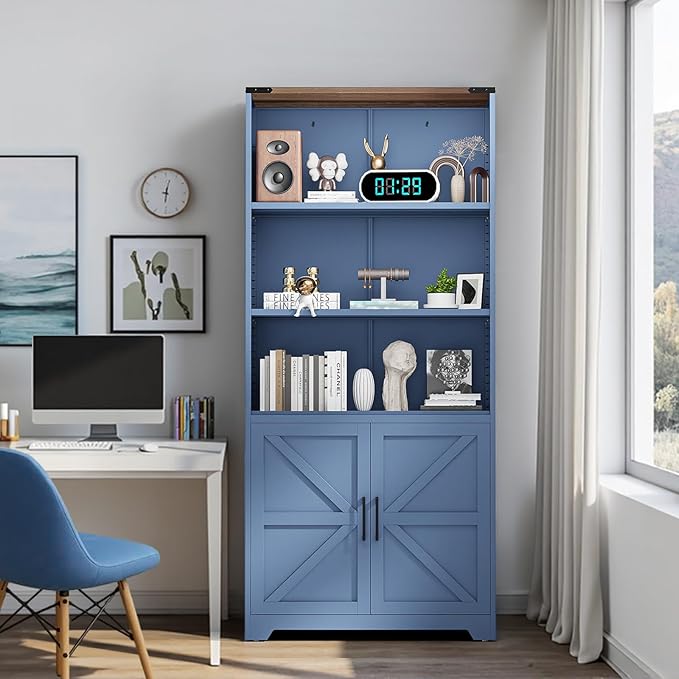 VINGLI Blue Bookcase with Doors and Adjustable Shelves, Steel 70" Tall Bookshelf Display Cabinet, 6-Tier Tall Farmhouse Metal Storage Cabinet for Study, Living Room, Home Office, Kitchen Pantry