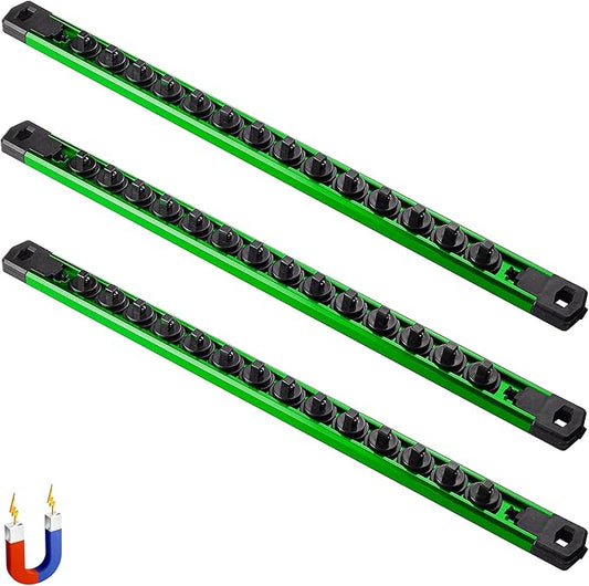 ALOANES 3-Piece Magnetic Socket Organizer, Heavy Duty Aluminum Socket Rails Organizer, 360° Swivel Clips Socket Holder Kit for Tool Box, 1/4-Inch Socket Holder x 42 Clips (Green)