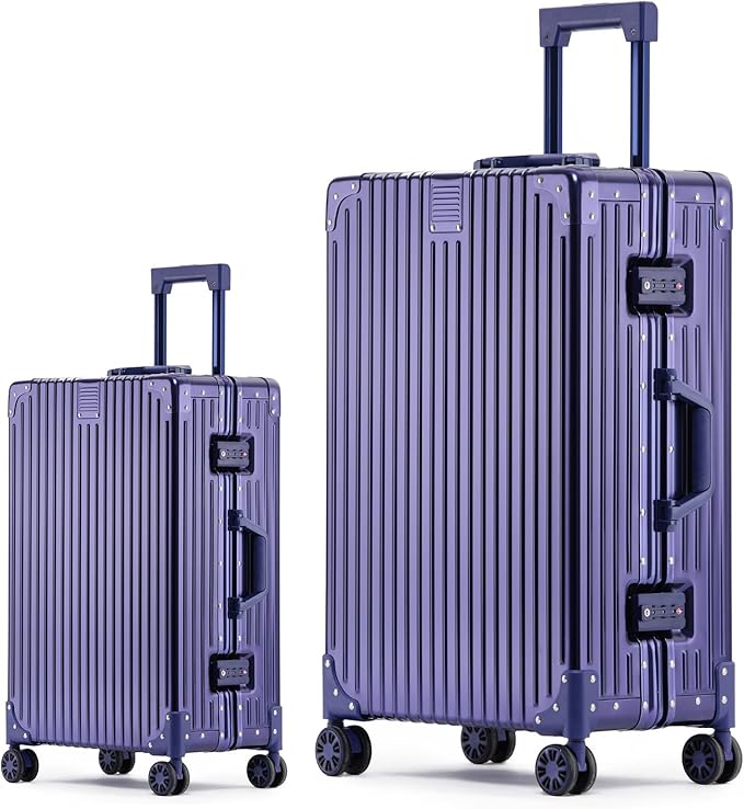 Metal All Aluminum Carry-on Luggage TSA Customs Lock Zipperless Silent Rotary Wheel Business Suitcase Aluminum Frame Set (blue, 2Piece(20/28))
