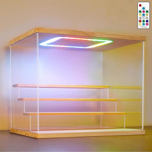 NONEMEY Clear Acrylic Display Case with Light ,3/4/5/6 Tier Multiple Color Lights via Remote Control Dustproof Display Box for Collectibles Figures Mini Toys (4Tier 12.4*9.6*10.4inch)