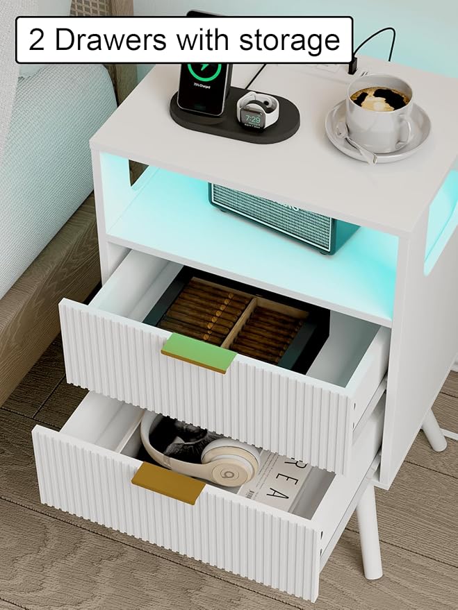 Nightstand with Charging Station and LED Lights, Modern Bedside Table with 2 Storage Drawer and Open Wood Shelf for Bedroom and Small Spaces, Night Stand with Solid Wood Legs
