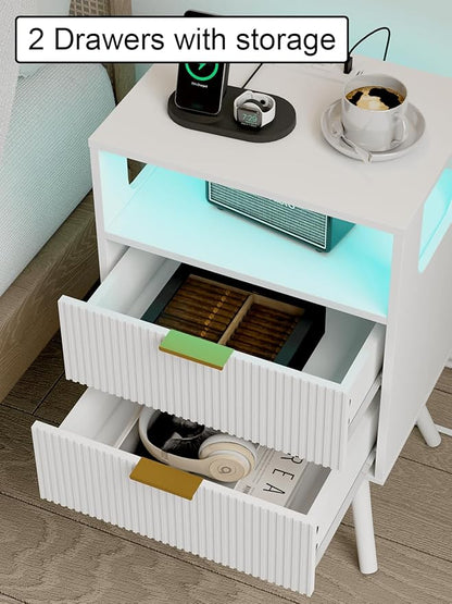Nightstand with Charging Station and LED Lights, Modern Bedside Table with 2 Storage Drawer and Open Wood Shelf for Bedroom and Small Spaces, Night Stand with Solid Wood Legs
