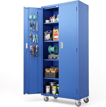 VINGLI 72'' Tall Metal Garage Storage Cabinet with Pegboards, Wheels, Locking Doors and Adjustable Shelves, File Cabinet/Tool Cabinet for Home Office/School (Blue, 32W x 16D x 72H)