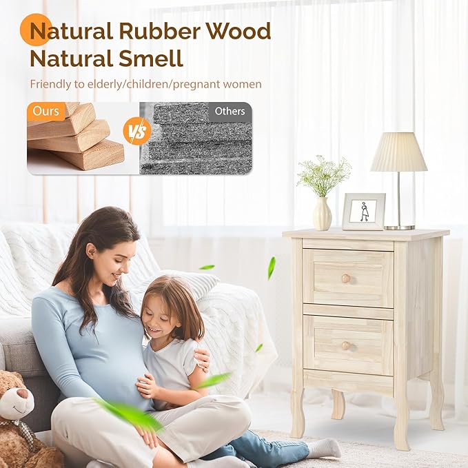 VINGLI Unfinished Solid Wood Nightstand for Color DIY, Small Nightstand for Bedroom, Natural Wood Night Stand with Drawers, Light Wood Night Stand, Real Wooden Bed Side Table/End Table