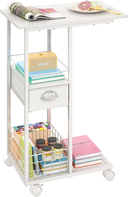 Rolling Side Table with Storage, White Bedside Table with Wheels, Accent C Table for Sofa, Portable Desk on Wheels, Modern Night Stand, Overbed Table for Bedroom, C Shaped End Tables Living Room, Dorm