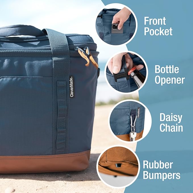 CleverMade Collapsible Insulated Cooler Bag – Leakproof Soft Folding Cooler for Beach, Travel, Car