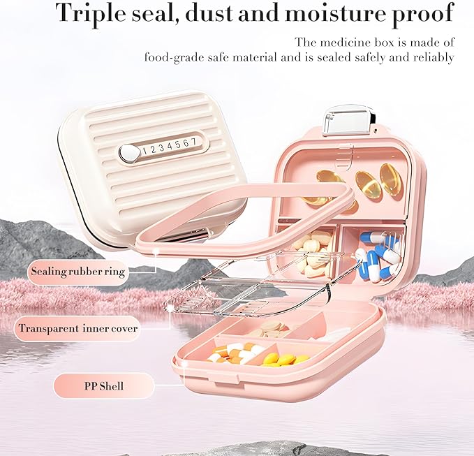 Travel Pill Organizer Box with Medicine Labels, 2Pack 7 Compartments Portable Pill Case, Daily Medication Organizer Storage Pill Container for Pocket Pharmacy(Pearly White S+L 2Pack)