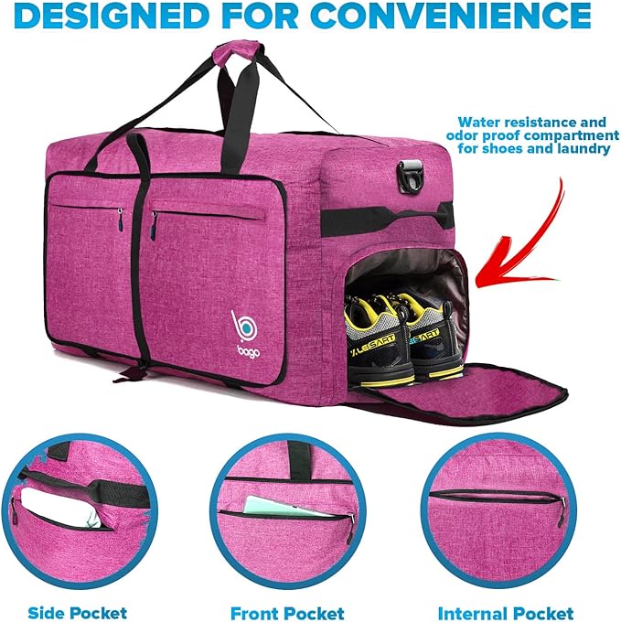 Bago Large Foldable Duffel Bags for Traveling Women & Men - 120L Packable Duffle Bag for Travel with Shoe Compartment - Water Repellant, Heavy Duty, Lightweight Folding & Collapsible (SnowPink)