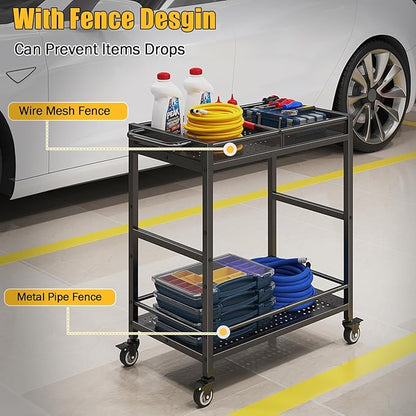 300LBS Heavy Duty Service Utility Cart on Wheels, Metal Rolling Utility Cart with Fences, 2-Tier Service Carts for Garage Garden Warehouse Tool House, Black, 360° Swivel, Ergonomic Handle, Sturdy