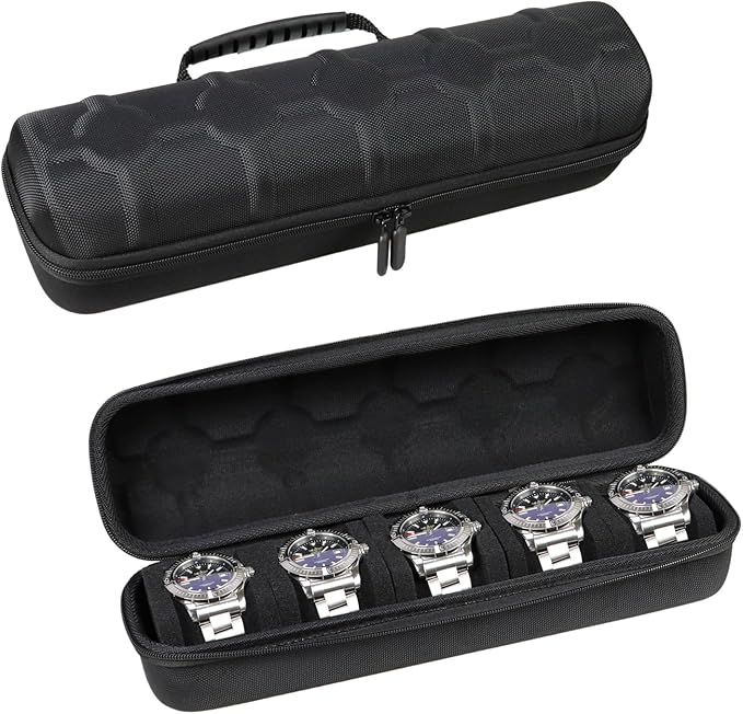 Juntan 5 Slots Hard Watch Travel Case, Portable Nylon Zipper Storage Organizer Box for Men Women with Soft Compressible Foam Pillow Black