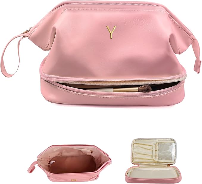 Travel Essentials for Friends Female Mom, Personalized Makeup Bag, Double Layer Cosmetic Bag with Makeup Brush Organizer, Waterproof, Large Capacity PU Leather Toiletry Bag Customized Gifts