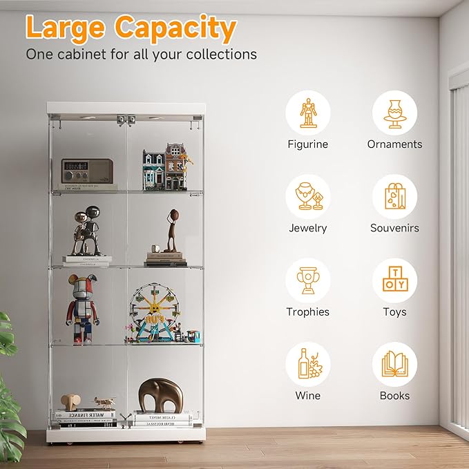 Tempered Glass Display Cabinet with Lights, 4-Tier Curio Cabinet with Glass Doors Wheels Two Locks, Glass Display Case for Collectibles for Living Room, Bedroom, Office, White, Double Door