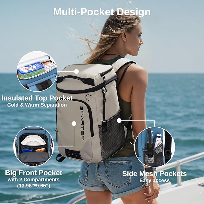 SPARTER Backpack Cooler Insulated Leak Proof 33/49 Cans, 2 Insulated Compartments Thermal Bag, Portable Lightweight Beach Travel Camping Lunch Backpack for Men and Women