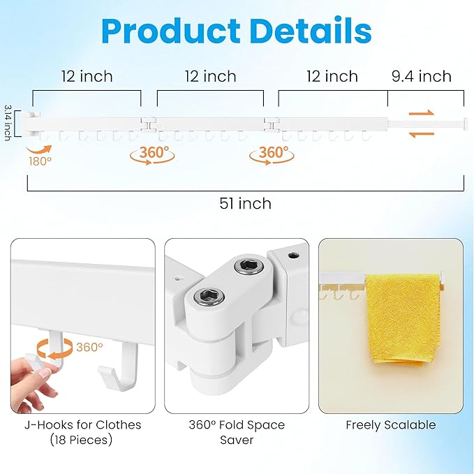 Clothes Drying Rack Wall Mounted, Retractable Collapsible(Tri-Fold) Space Saver, White with 18 Hooks for Laundry Room Organization Apartment Balcony Bathroom
