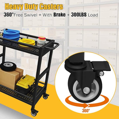 300LBS Heavy Duty Service Utility Cart on Wheels, Metal Rolling Utility Cart with Fences, 2-Tier Service Carts for Garage Garden Warehouse Tool House, Black, 360° Swivel, Ergonomic Handle, Sturdy