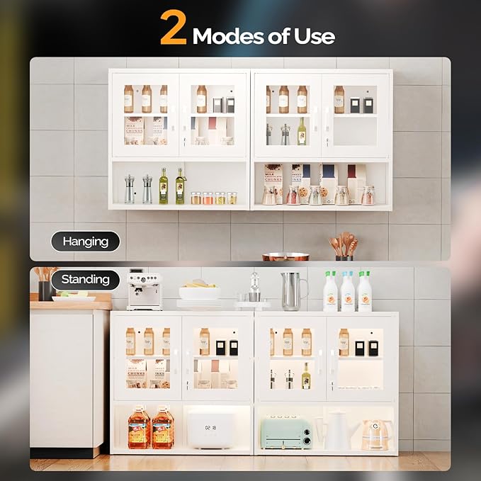 VINGLI Metal Wall Cabinet with Locking Glass Doors & Magnetic LED Sensor Light, Adjustable Shelf, Wall Mounted Storage Display Cabinets for Garage, Kitchen, Home Office, Warehouse, Living Room, White