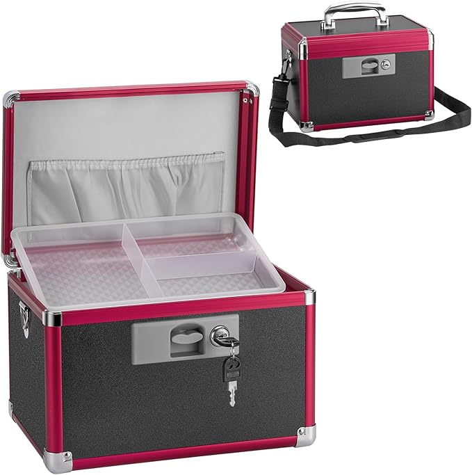 Medicine Lock Box for Safe Medication - 11.2 x 7.6 x 7.6 Inches - Lockable Storage Box for Drugs, First Aid Kit Empty, Lock Boxes with Key for Home/Outdoor (Black & Red/Medium)