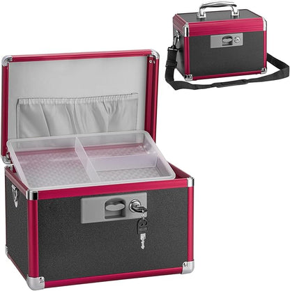 Medicine Lock Box for Safe Medication - 11.2 x 7.6 x 7.6 Inches - Lockable Storage Box for Drugs, First Aid Kit Empty, Lock Boxes with Key for Home/Outdoor (Black & Red/Medium)