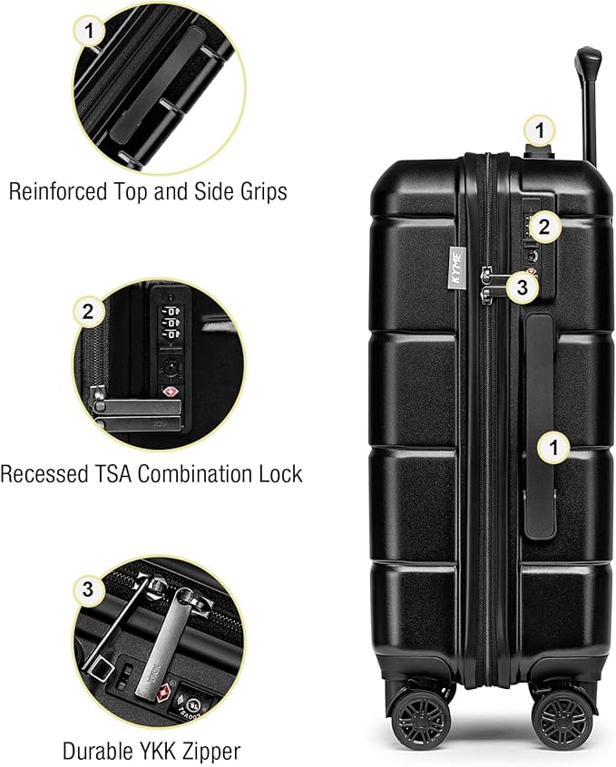 KYME Luggage Sets 2 Piece Hardshell 22"/26" Suitcase with Spinner Wheels Hardside Suitcases Sets with TSA Lock Lightweight Travel Luggage Set with Cup Holder for Women Men Black