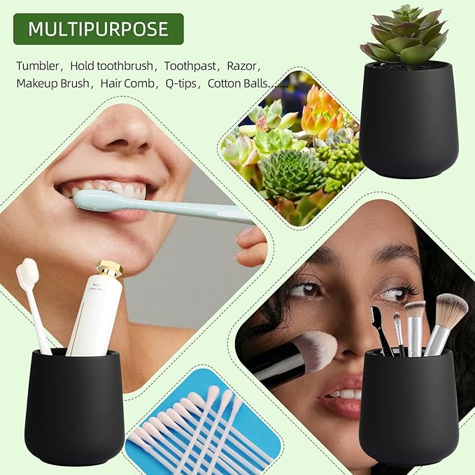 Black Bathroom Accessories Set 3 pcs - Ceramic Foaming Bathroom Soap Dispenser Set Farmhouse Black Bathroom Decor, Foam Soap Dispenser and Toothbrush Holder/Tumbler Cup, Tray