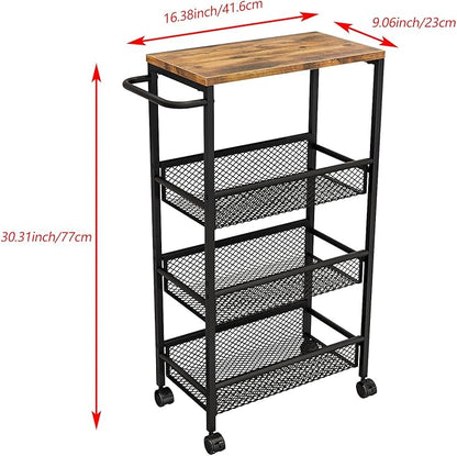 AZERPIAN Slim Rolling Cart 4 Tier Narrow Storage Cart on Wheels with MDF Board Top and Metal Handle for Small Space Kitchen Living Room Bathroom Laundry Room (16.38 x 9.06 x 30.31inch)