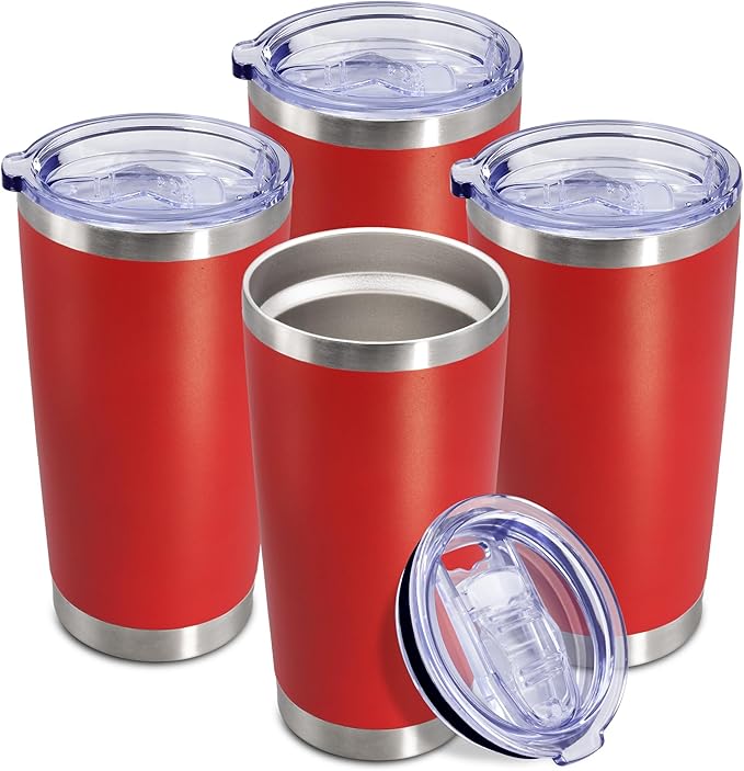 20 oz Tumbler Coffee Tavel Tumblers Bulk with Lid Stainless Steel Double Wall Vacuum Insulated Mug Powder Coated Cups fit Car Cupholder for Hot and Cold - Red, 4Pack