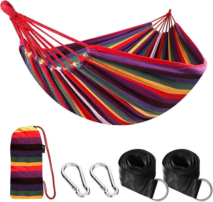 ANYOO Cotton Hammock Portable Camping Hammocks for Hanging Sturdy Garden Comfortable Fabric Hammock with Tree Straps Up to 660lbs with Travel Bag for Camping Outdoor/Indoor Patio Backyard