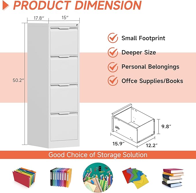 4 Drawer File Cabinet with Lock,17.8" Deep Metal Filing Cabinet,Vertical File Cabinets for Home Office,Locking File Drawer Tall for Hanging Letter/A4/Legal Folders, Easy Assemble-White