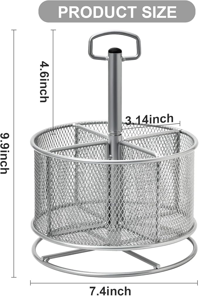 Marbrasse Mesh Desk Organizer, 360-Degree Rotating Multi-Functional Pen Holder, 4 Compartments Desktop Stationary Organizer, Home Office Art Supply Storage Box Caddy (silver)