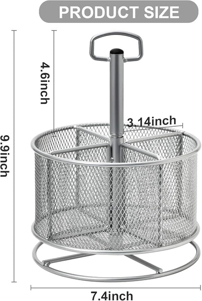 Marbrasse Mesh Desk Organizer, 360-Degree Rotating Multi-Functional Pen Holder, 4 Compartments Desktop Stationary Organizer, Home Office Art Supply Storage Box Caddy (silver)