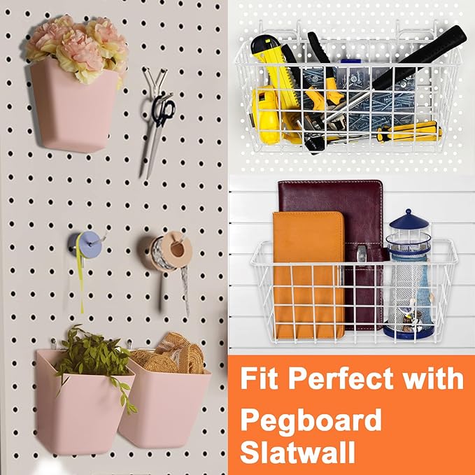 Pegboard Basket Organizers, Peg Board Large Baskets Hooks Bins Cups Tool Organizer 6 Pack Set, Wall Storage Display Hanging Accessories for Craft Office Stadio Shed Garage Organization (White & Pink)