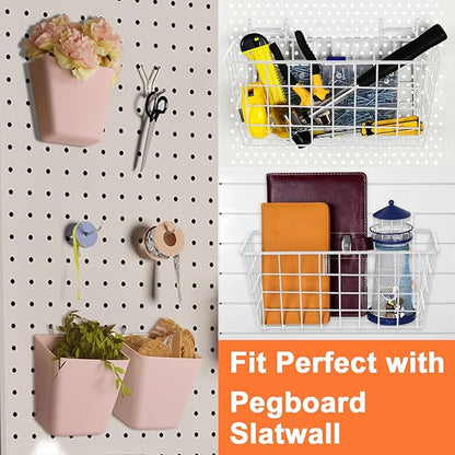 Pegboard Basket Organizers, Peg Board Large Baskets Hooks Bins Cups Tool Organizer 6 Pack Set, Wall Storage Display Hanging Accessories for Craft Office Stadio Shed Garage Organization (White & Pink)
