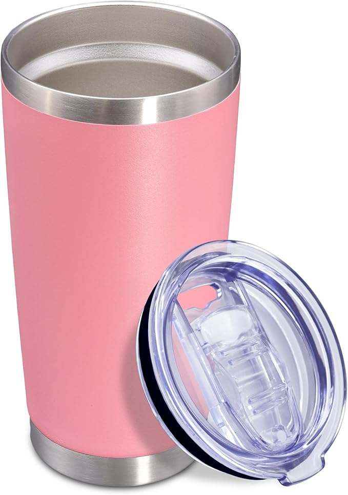 20 oz Tumbler Coffee Tavel Tumblers Bulk with Lid Stainless Steel Double Wall Vacuum Insulated Mug Powder Coated Cups fit Car Cupholder for Hot and Cold - Pink, 1Pack