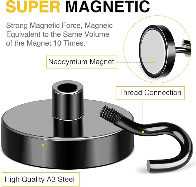 DIYMAG Black Magnetic Hooks, 170 LB Heavy Duty Strong Magnets with Hooks Rare Earth Neodymium Fridge Magnet for Grill Hanging Cruise Cabins Ship Essentials 12 Packs